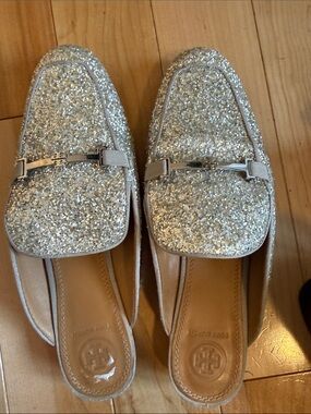 Tory Burch Silver Glitter Slip-On Mules